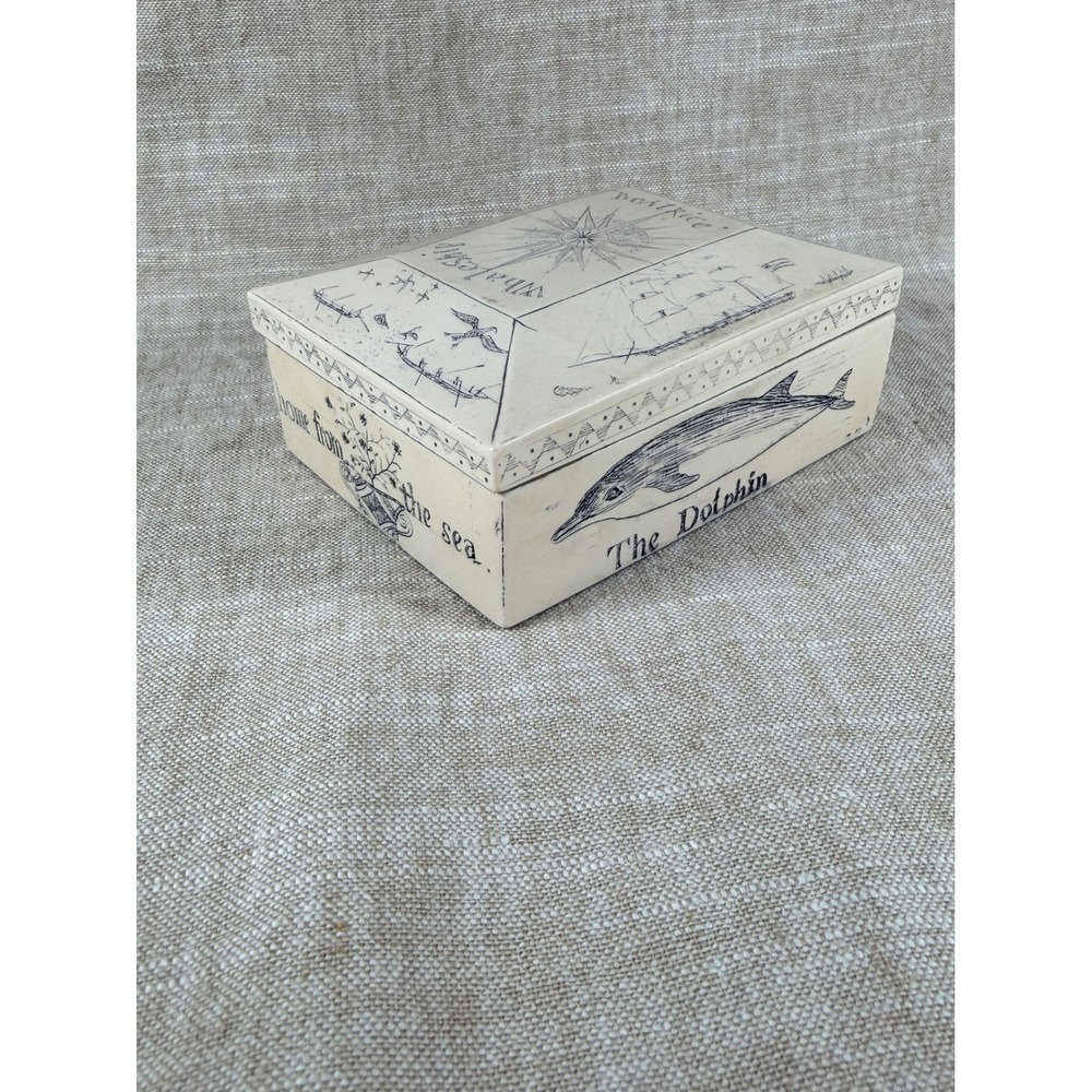 Vintage English Faux Scrimshaw Trinket Box Whaling Ship Beatrice Nautical